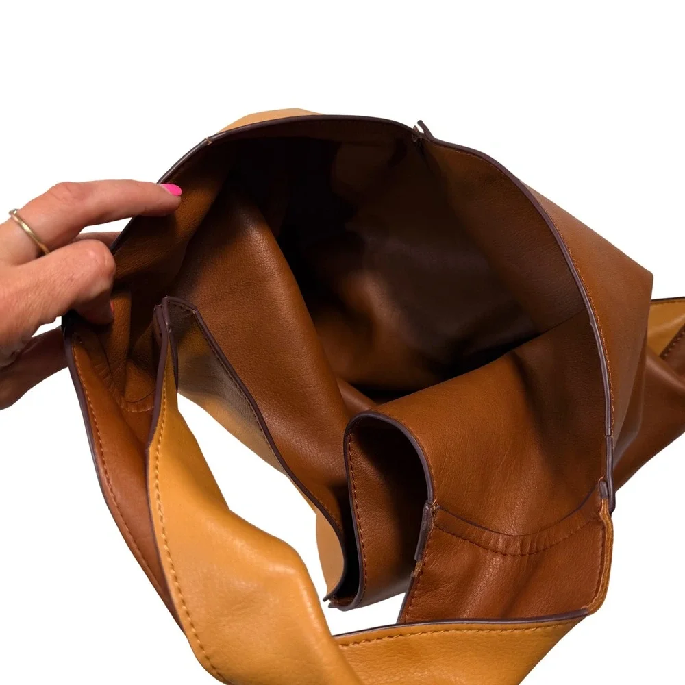 Urban Outfitters Two Tone Vegan Leather Hobo Bag Tan Brown Triangle Tote EUC